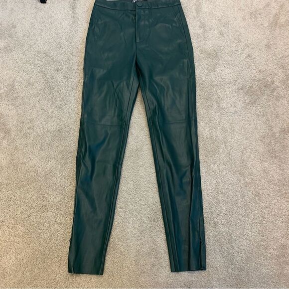 ZARA green faux leather hi-rise zipper hem leggings Sz XS NWT - Picture 6 of 15